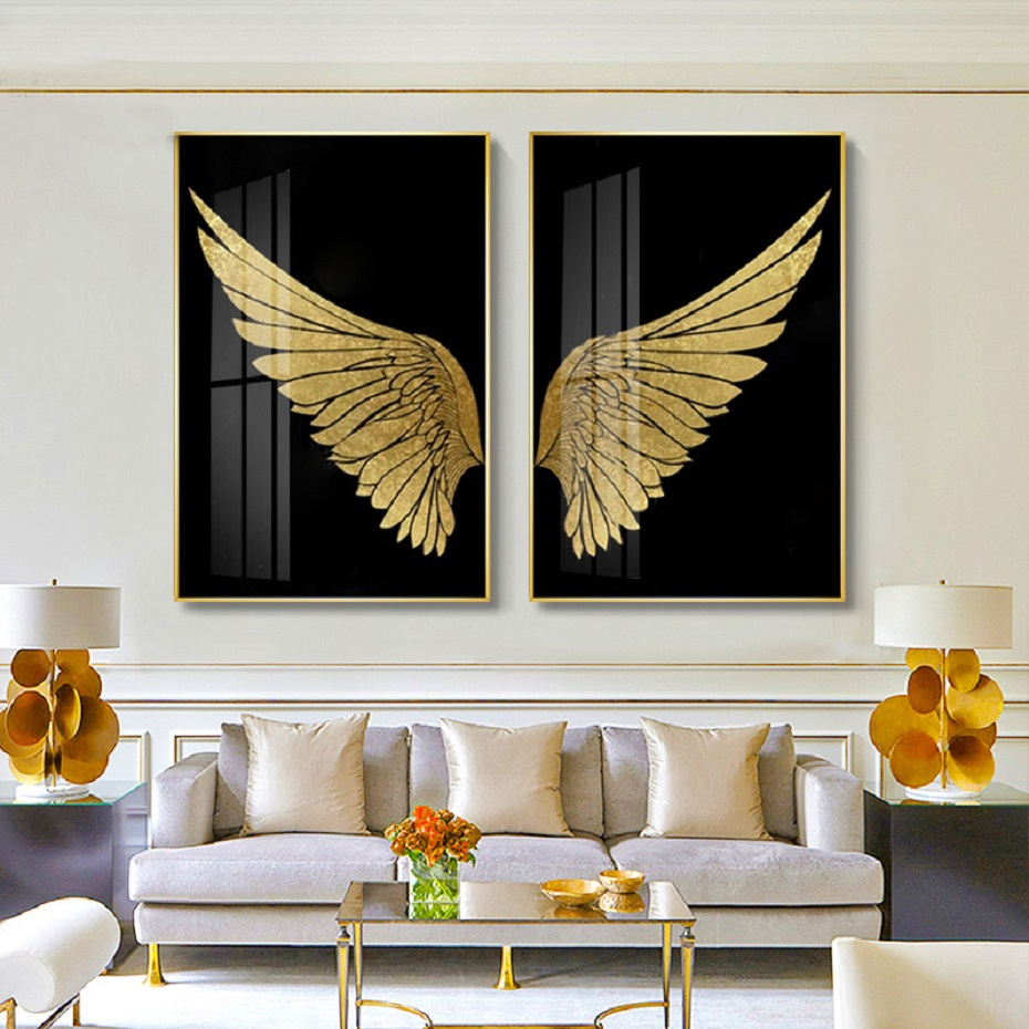 Luxury Golden Wings Black Gold Wall Art Modern Chic Fashion Salon Pictures Fine Art Canvas Giclee Prints For Boutique Living Room Glam Home Decor