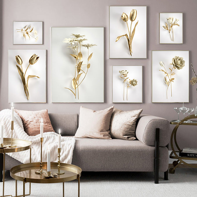 Golden Leaf Flower Abstract Canvas Wall Art Pictures For Living Room Home  Decor