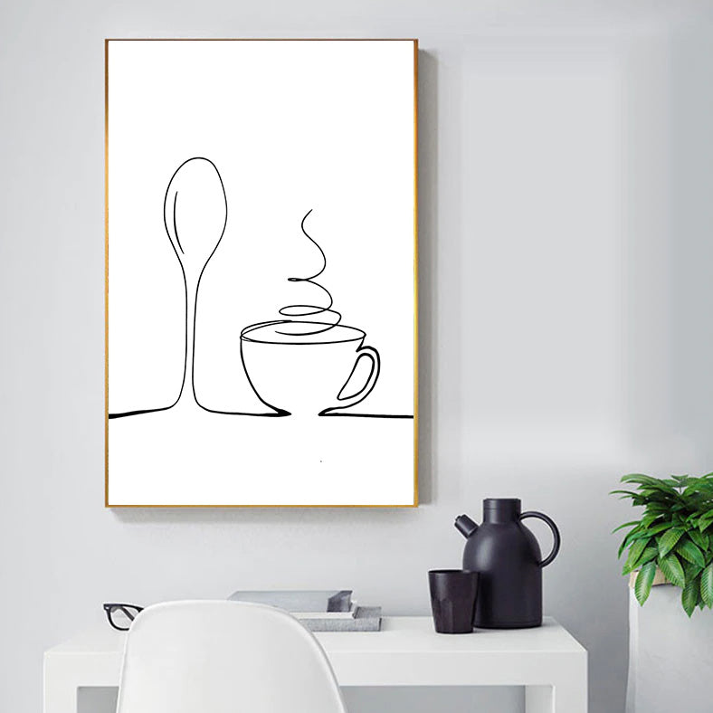 Minimalist Food & Drink Kitchen Wall Art Black White Line Art Canvas Print For Coffee Shop Restaurant Tea Room Cafe Nordic Style Home Interior Decor