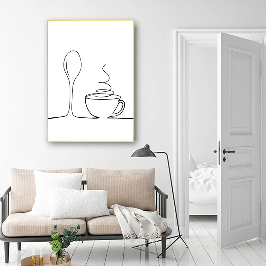 Minimalist Food & Drink Kitchen Wall Art Black White Line Art Canvas Print For Coffee Shop Restaurant Tea Room Cafe Nordic Style Home Interior Decor