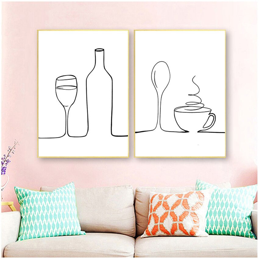 Minimalist Food & Drink Kitchen Wall Art Black White Line Art Canvas Print For Coffee Shop Restaurant Tea Room Cafe Nordic Style Home Interior Decor