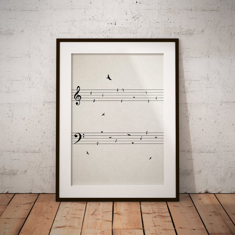 Minimalist Sheet Music Wall Art With Birds On Wire Fine Art Canvas Prints Black And White Modern Poster Picture For Music Classroom Unique Gift For Musician