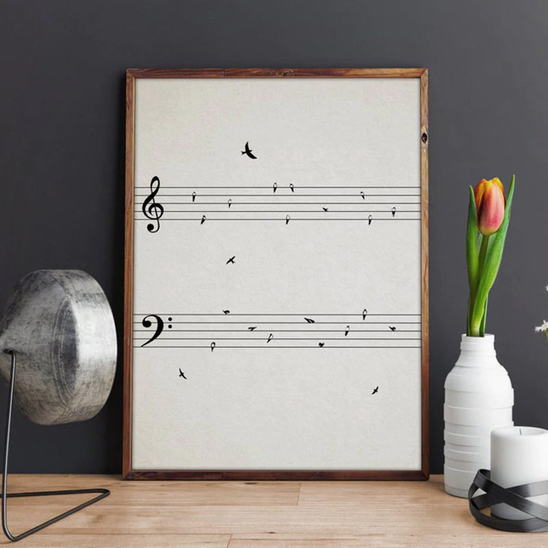 Minimalist Sheet Music Wall Art With Birds On Wire Fine Art Canvas Prints Black And White Modern Poster Picture For Music Classroom Unique Gift For Musician