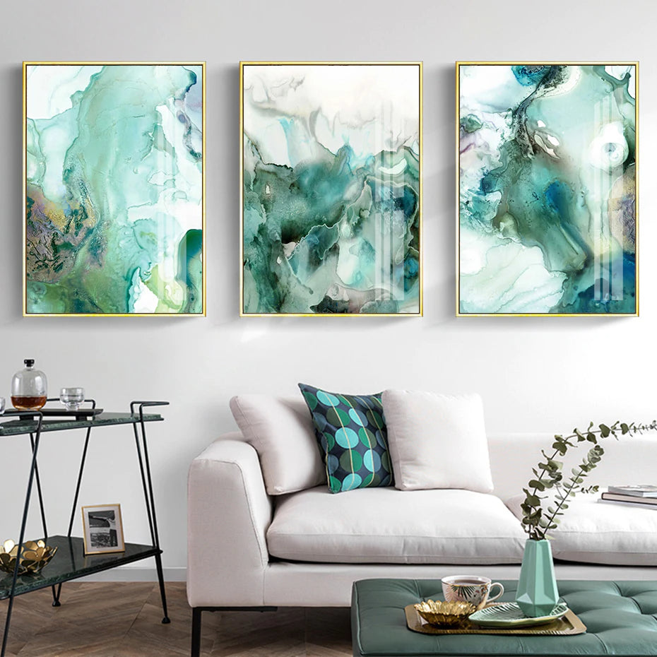 Mint Green Liquid Marble Wall Art Fine Art Canvas Prints Modern Abstract Pictures For Living Room Dining Room Scandinavian Home Interior Decor