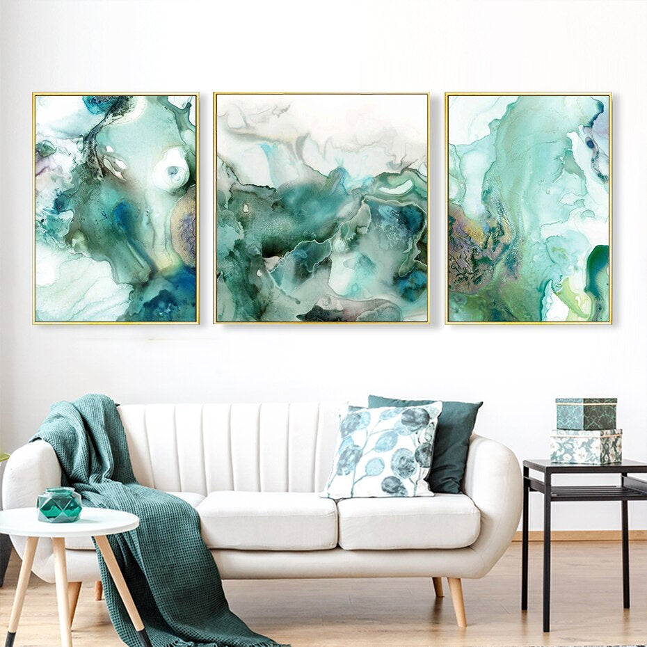 Mint Green Liquid Marble Wall Art Fine Art Canvas Prints Modern Abstract Pictures For Living Room Dining Room Scandinavian Home Interior Decor