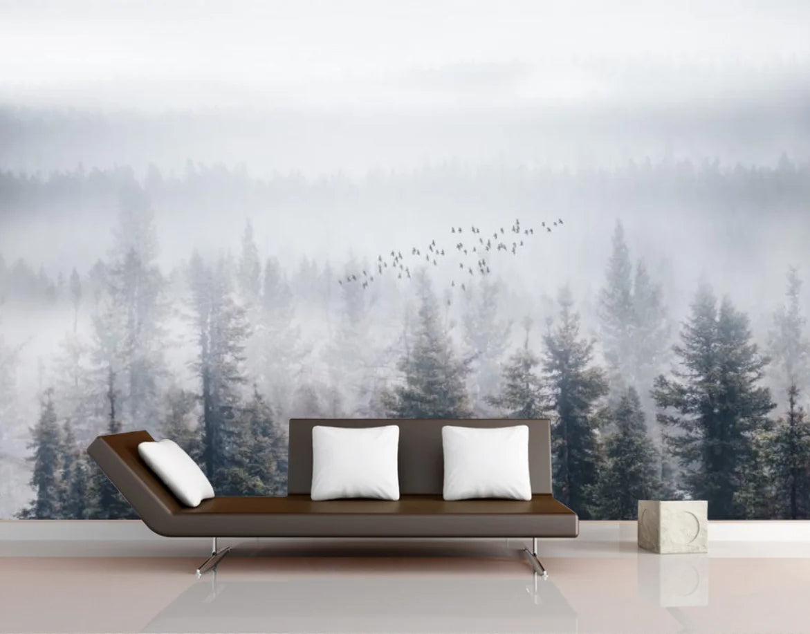 Misty Forest Landscape Wall Mural Big Format Printed Nordic Wallcovering Wallpaper For Modern Living Room Creative Home Office Wall Decoration