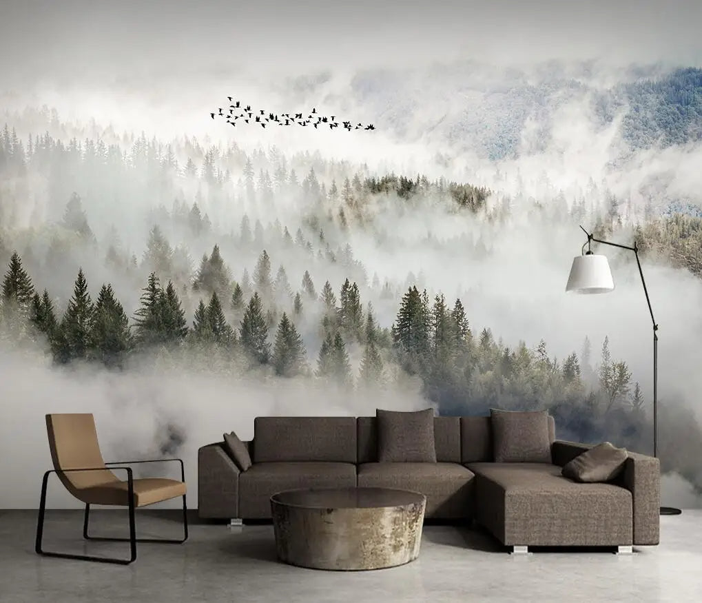 Misty Forest Landscape Wall Mural Big Format Printed Nordic Wallcovering Wallpaper For Modern Living Room Creative Home Office Wall Decoration