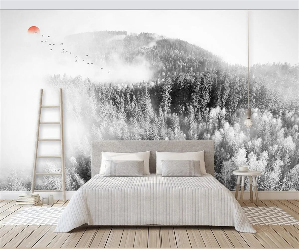 Misty Forest Landscape Wall Mural Big Format Printed Nordic Wallcovering Wallpaper For Modern Living Room Creative Home Office Wall Decoration