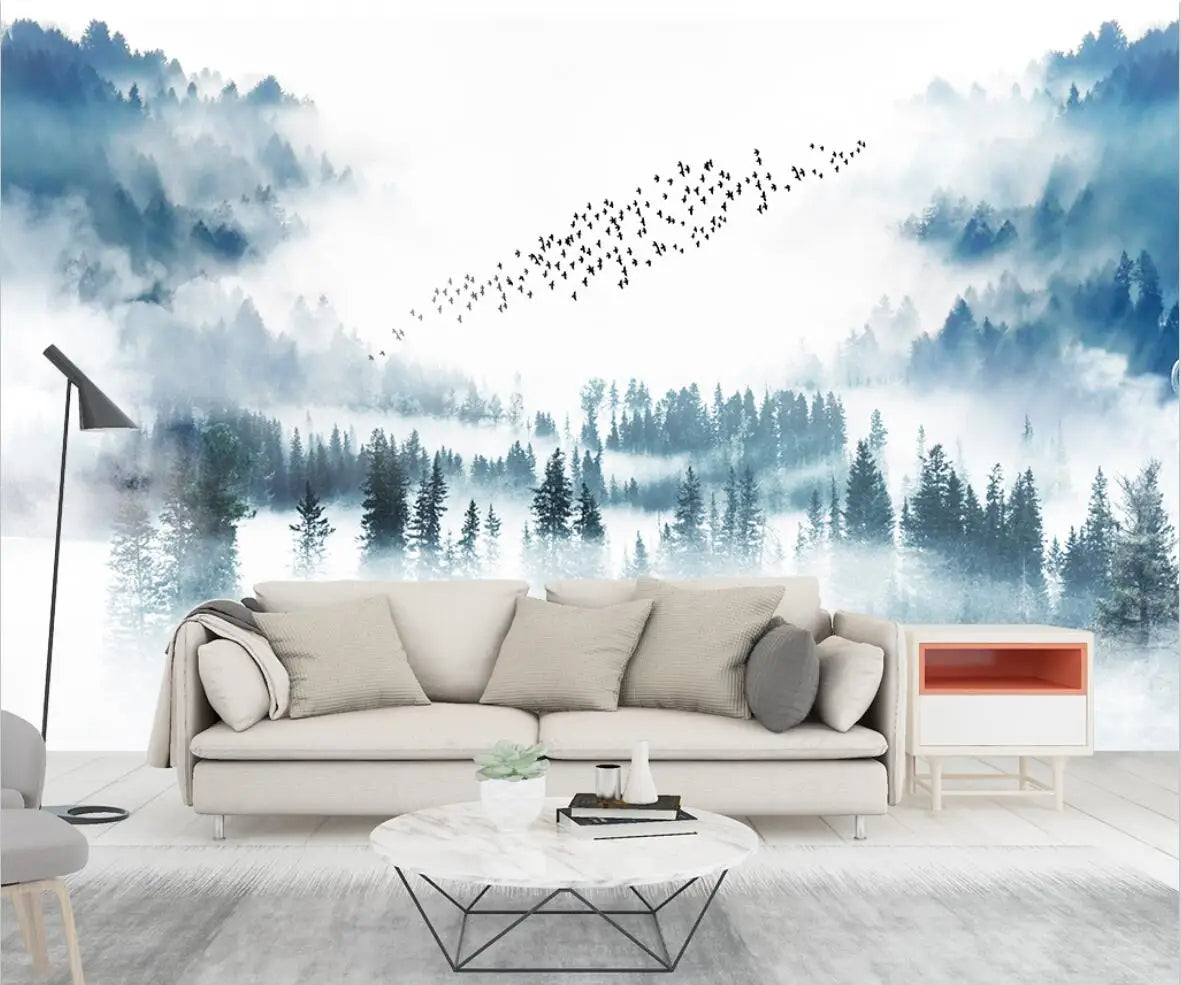 Misty Forest Landscape Wall Mural Big Format Printed Nordic Wallcovering Wallpaper For Modern Living Room Creative Home Office Wall Decoration