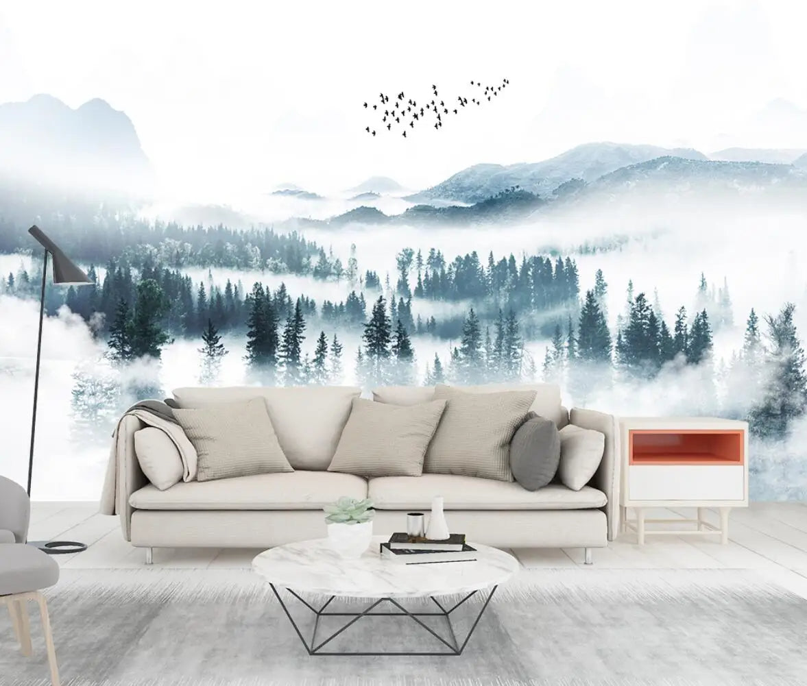 Misty Forest Landscape Wall Mural Big Format Printed Nordic Wallcovering Wallpaper For Modern Living Room Creative Home Office Wall Decoration