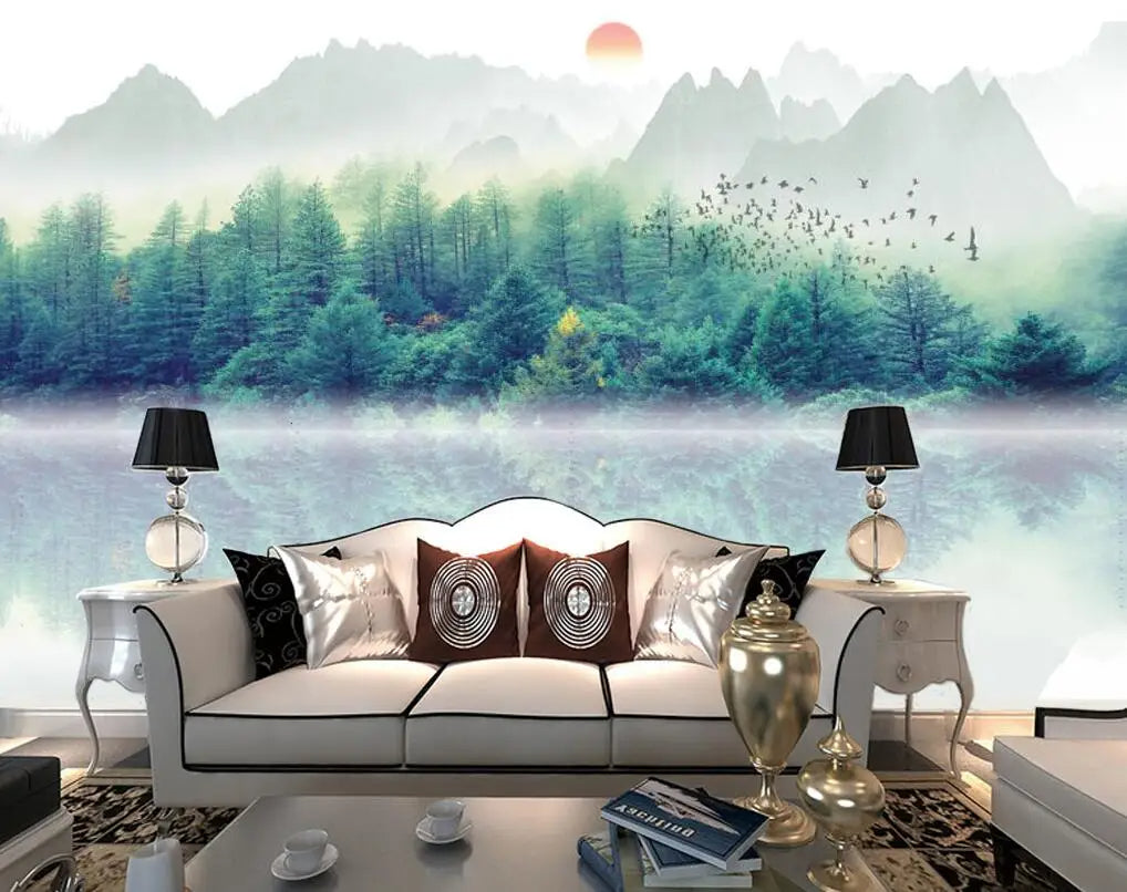 Misty Forest Landscape Wall Mural Big Format Printed Nordic Wallcovering Wallpaper For Modern Living Room Creative Home Office Wall Decoration