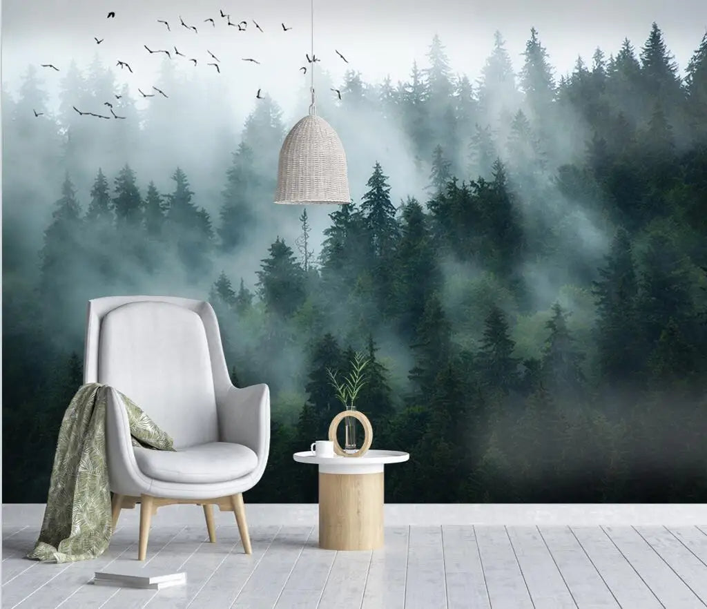 Misty Forest Landscape Wall Mural Big Format Printed Nordic Wallcovering Wallpaper For Modern Living Room Creative Home Office Wall Decoration