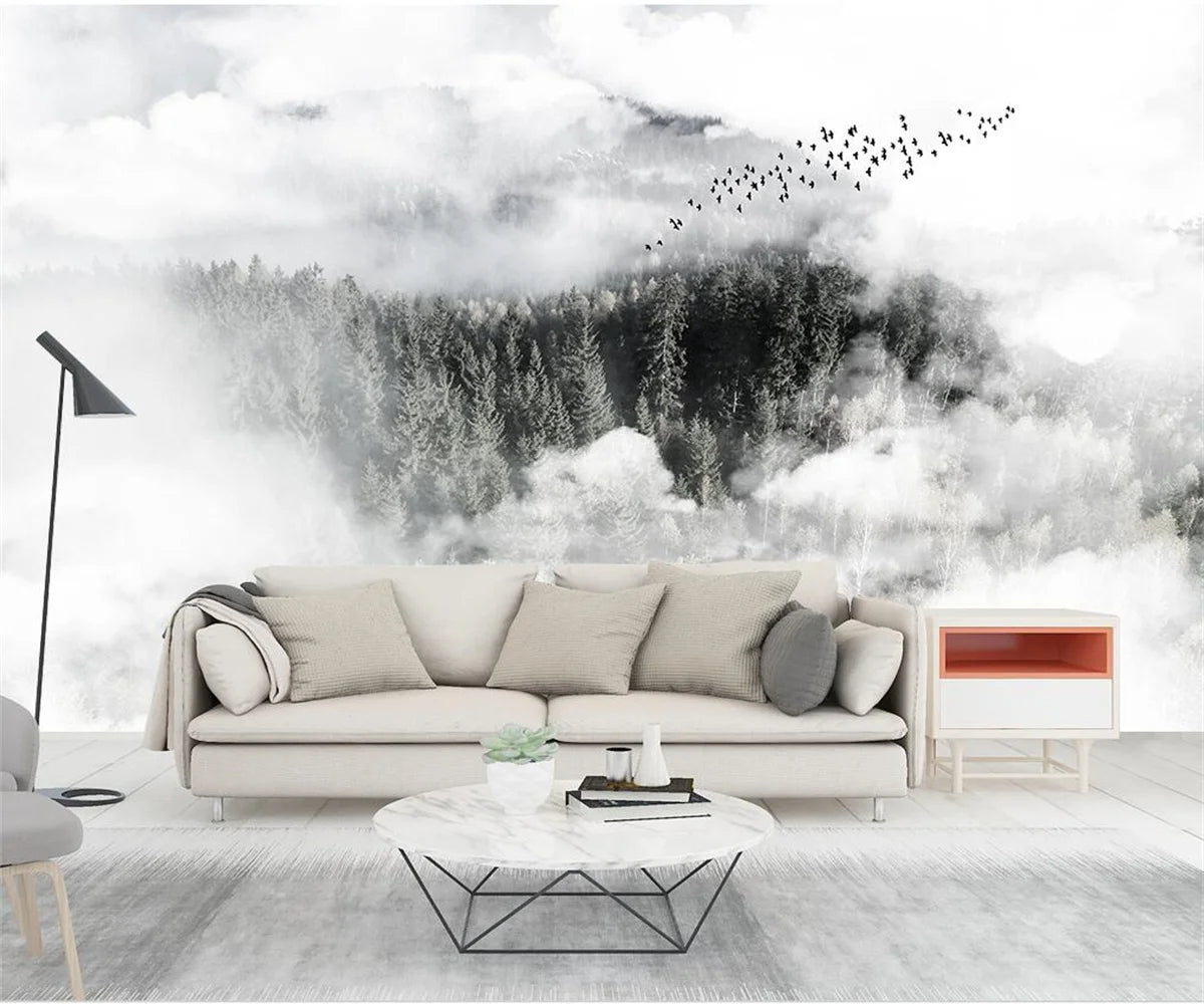 Misty Forest Landscape Wall Mural Big Format Printed Nordic Wallcovering Wallpaper For Modern Living Room Creative Home Office Wall Decoration