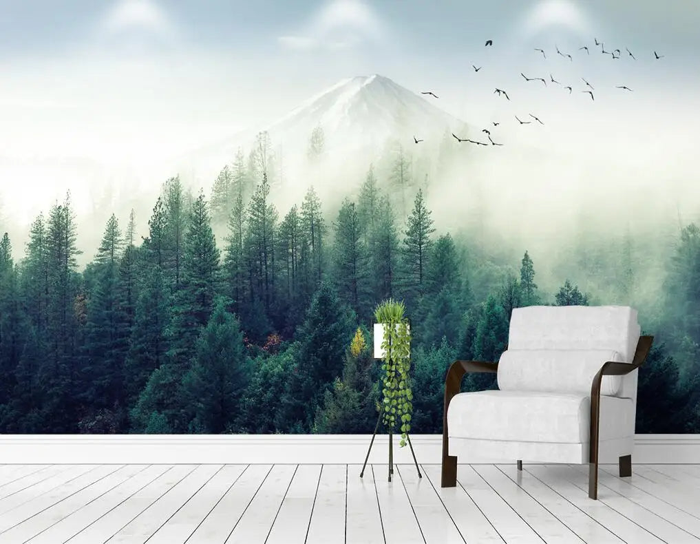 Misty Forest Landscape Wall Mural Big Format Printed Nordic Wallcovering Wallpaper For Modern Living Room Creative Home Office Wall Decoration