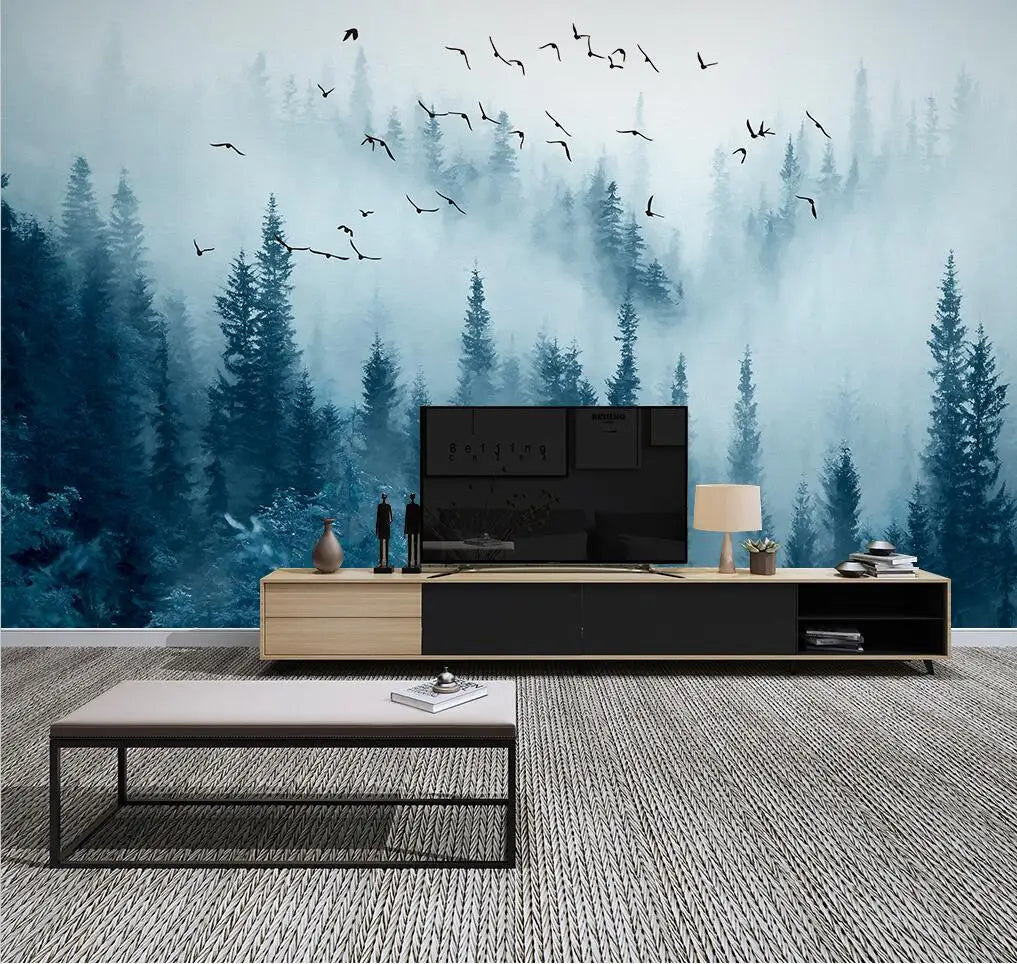 Misty Forest Landscape Wall Mural Big Format Printed Nordic Wallcovering Wallpaper For Modern Living Room Creative Home Office Wall Decoration