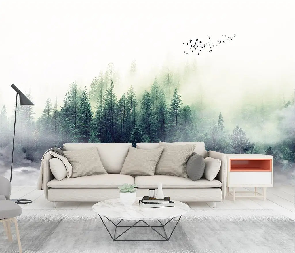 Misty Forest Landscape Wall Mural Big Format Printed Nordic Wallcovering Wallpaper For Modern Living Room Creative Home Office Wall Decoration