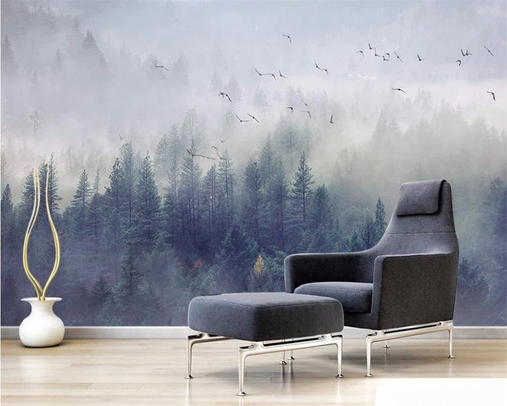 Misty Forest Landscape Wall Mural Big Format Printed Nordic Wallcovering Wallpaper For Modern Living Room Creative Home Office Wall Decoration