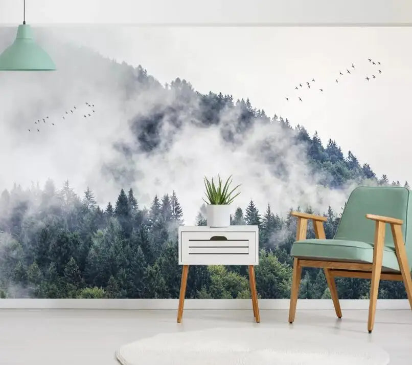 Misty Forest Landscape Wall Mural Big Format Printed Nordic Wallcovering Wallpaper For Modern Living Room Creative Home Office Wall Decoration