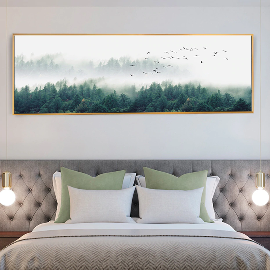 Misty Morning Forest Landscape Wide Format Wall Art Fine Art Canvas Prints Nordic Green Natural Wilderness Posters For Living Room Decor