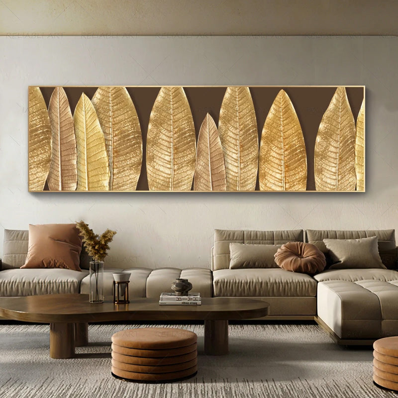 Modern Abstract Botanical Golden Palm Leaf Wall Art Fine Art Canvas Prints Wide Format Pictures For Above The Bed Or Above The Living Room Sofa