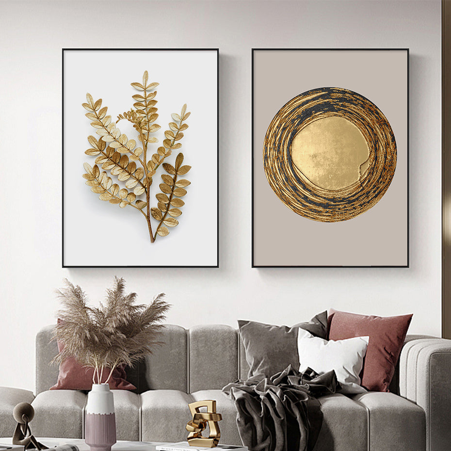 Modern Abstract Exotic Tropical Botanical Wall Art Fine Art Canvas Prints Golden Leaf Minimalist Pictures For Luxury Living Room Dining Room Art Decor