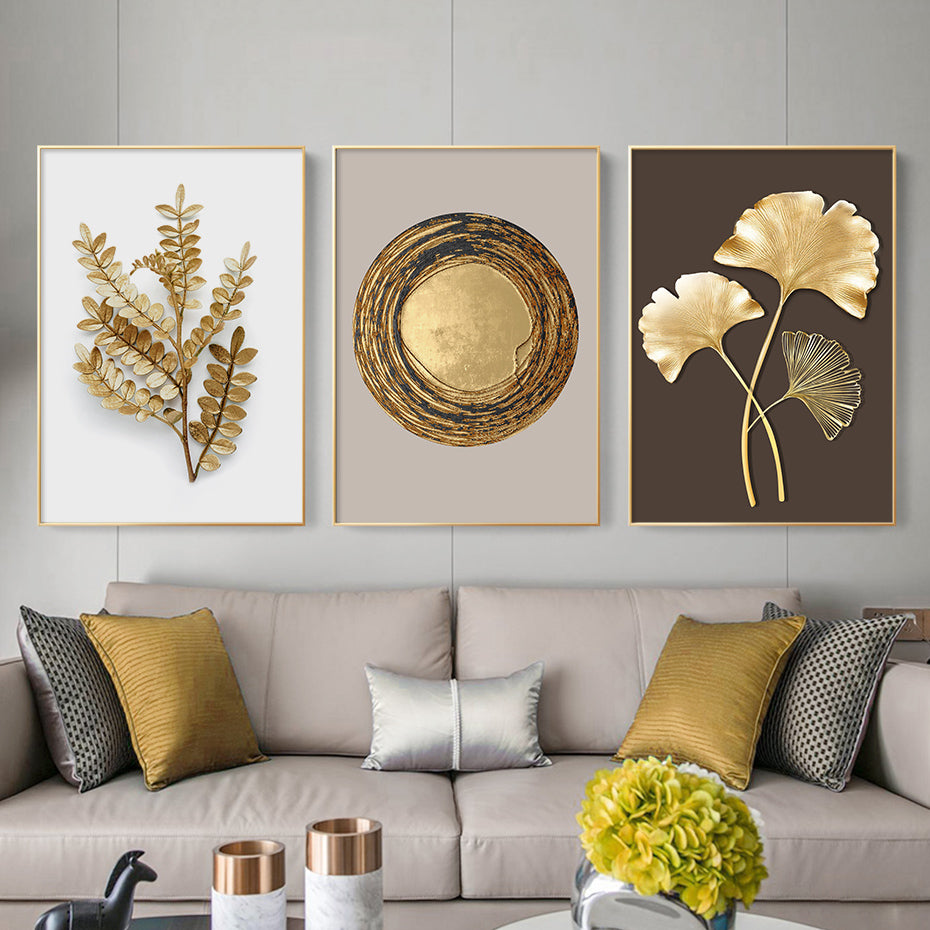 Modern Abstract Exotic Tropical Botanical Wall Art Fine Art Canvas Prints Golden Leaf Minimalist Pictures For Luxury Living Room Dining Room Art Decor