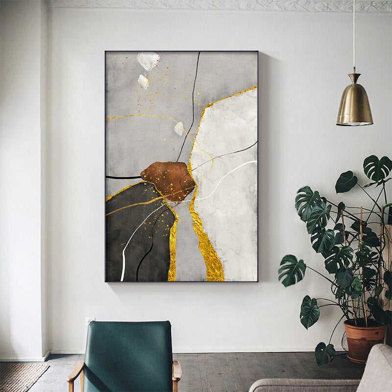 Modern Abstract Geomorphic Wall Art Neutral Colors Black Gray Beige Golden Fine Art Canvas Prints For Living Room Scandinavian Home Office Decor
