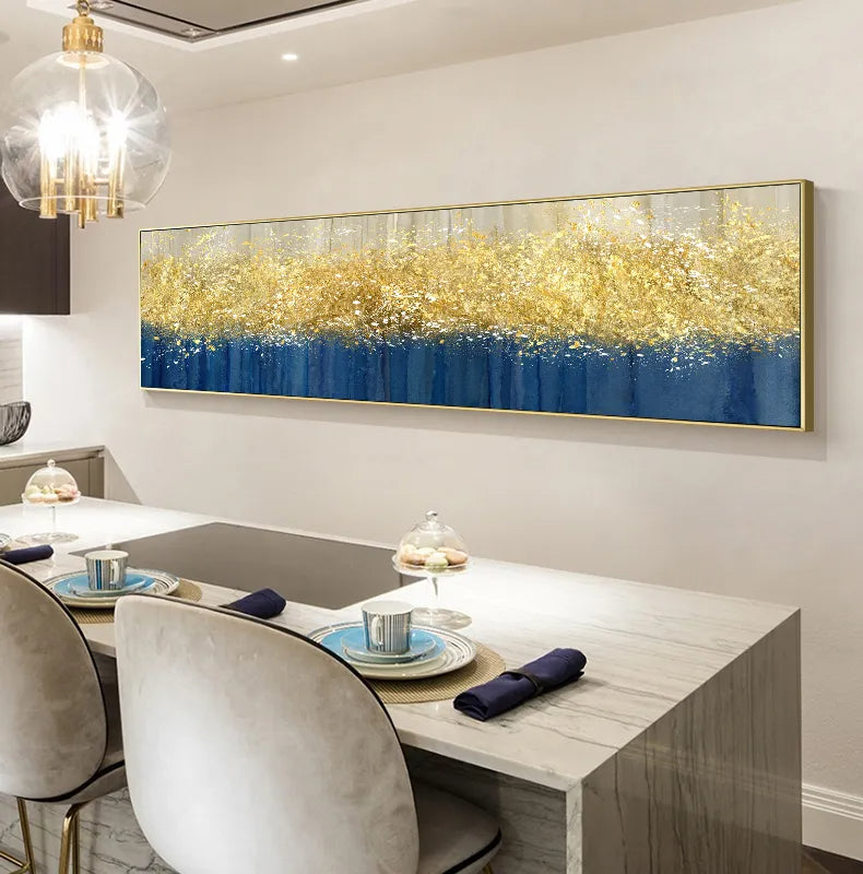 Modern Abstract Golden Beige And Blue Wide Format Luxury Wall Art Fine Art Canvas Prints Nordic Style Picture Living Room Dining Room Home Office Decor