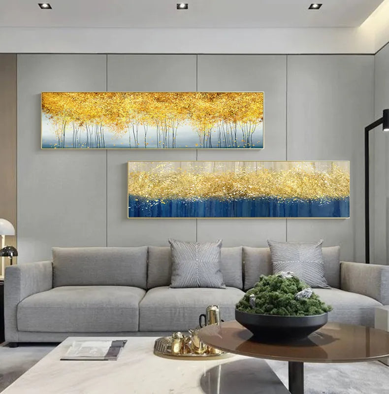 Modern Abstract Golden Beige And Blue Wide Format Luxury Wall Art Fine Art Canvas Prints Nordic Style Picture Living Room Dining Room Home Office Decor