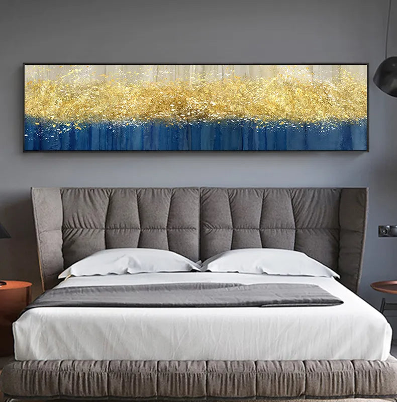 Modern Abstract Golden Beige And Blue Wide Format Luxury Wall Art Fine Art Canvas Prints Nordic Style Picture Living Room Dining Room Home Office Decor
