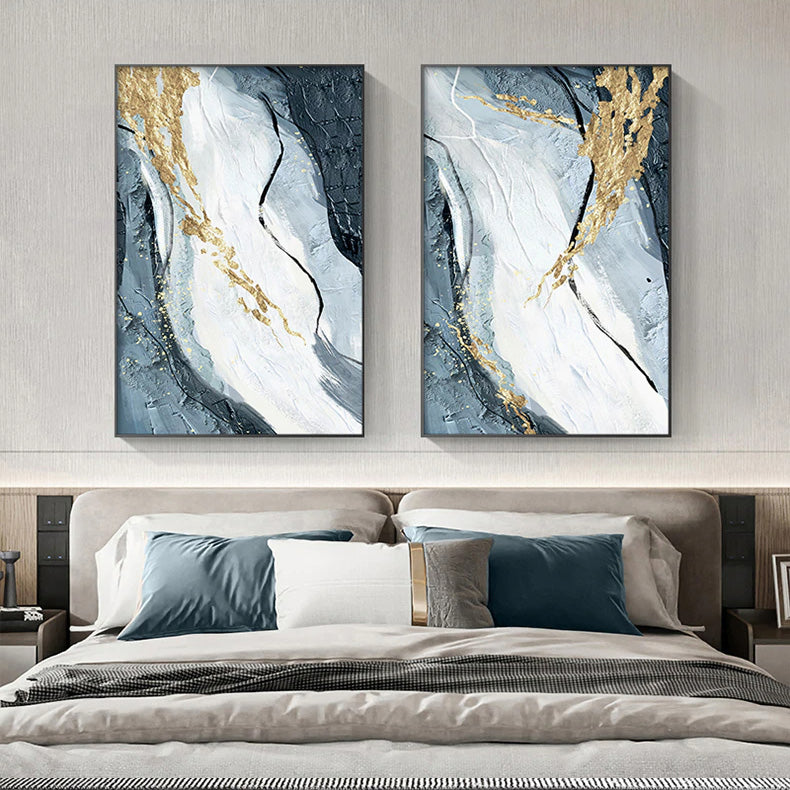 Modern Abstract Golden Blue Marble Wall Art Fine Art Canvas Prints Pictures For Luxury Living Room Dining Room Bedroom Home Office Art Decor