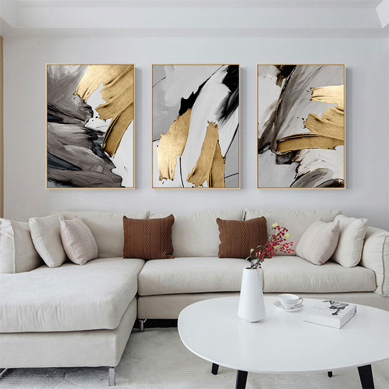Modern Abstract Gray Golden Paint Daub Wall Art Fine Art Canvas Prints Pictures For Luxury Loft Apartment Living Room Home Office Interior Decor