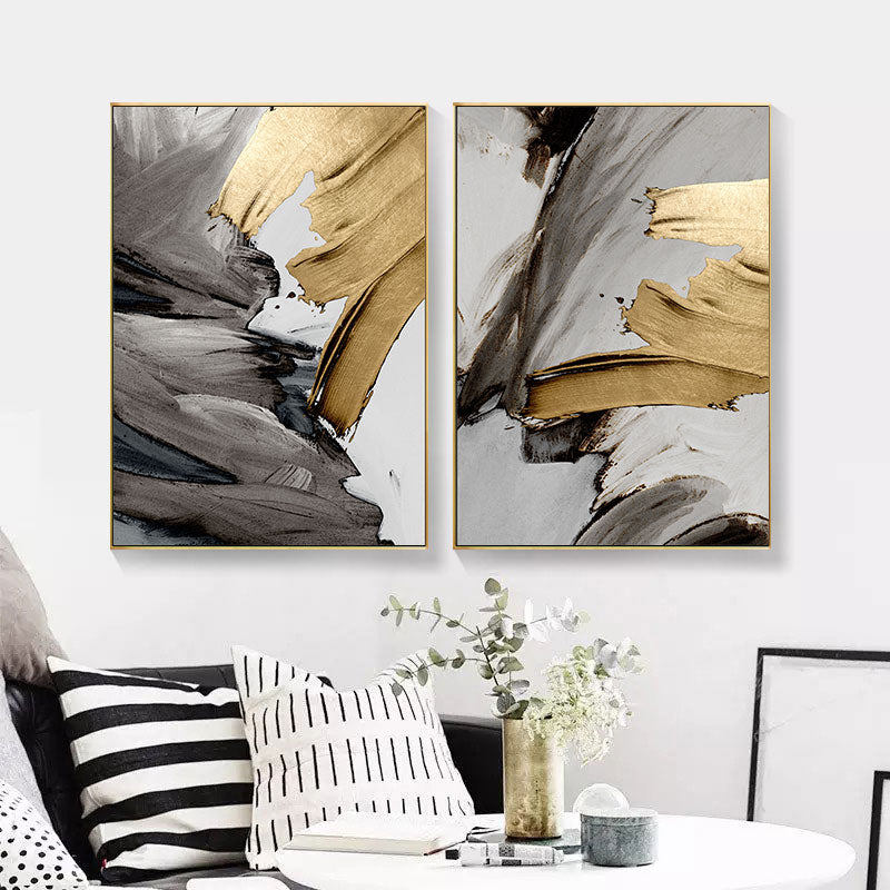 Modern Abstract Gray Golden Paint Daub Wall Art Fine Art Canvas Prints Pictures For Luxury Loft Apartment Living Room Home Office Interior Decor