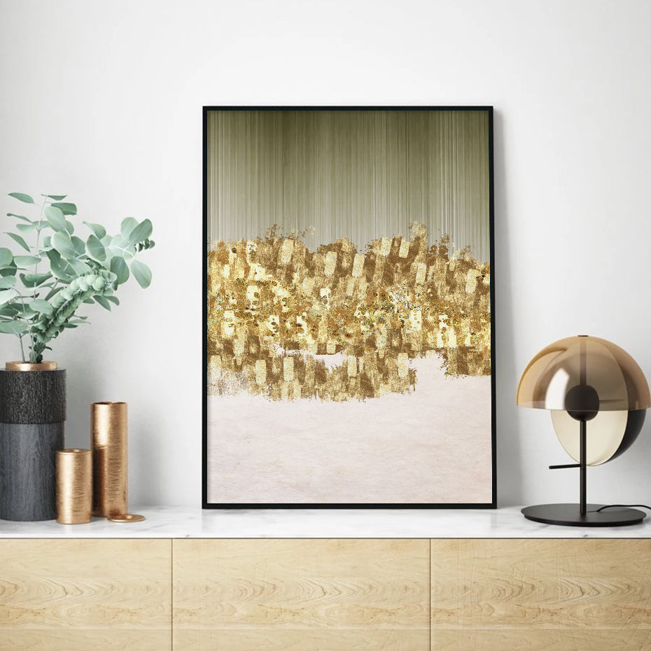 Modern Abstract Green Golden Rain Wall Art Fine Art Canvas Prints Chic Pictures For Luxury Apartment Living Room Salon Art Decor