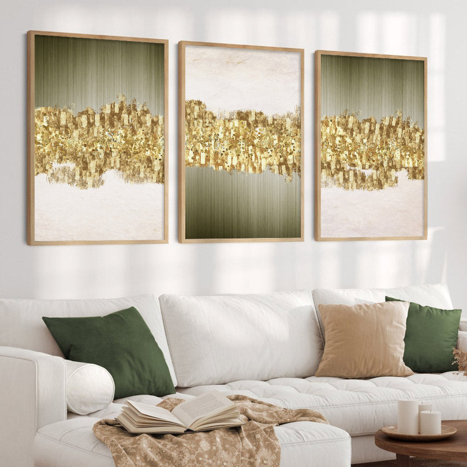 Modern Abstract Green Golden Rain Wall Art Fine Art Canvas Prints Chic Pictures For Luxury Apartment Living Room Salon Art Decor