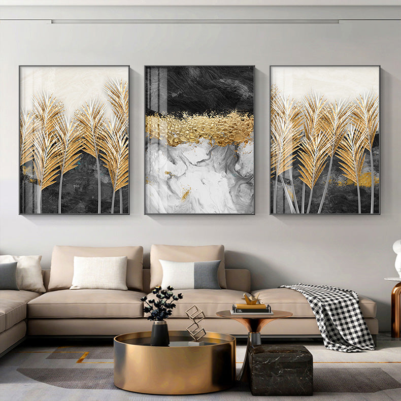 Modern Abstract Grey Marble Golden Leaves Wall Art Fine Art Canvas Prints Pictures For Luxury Living Room Dining Room Home Office Art Decor