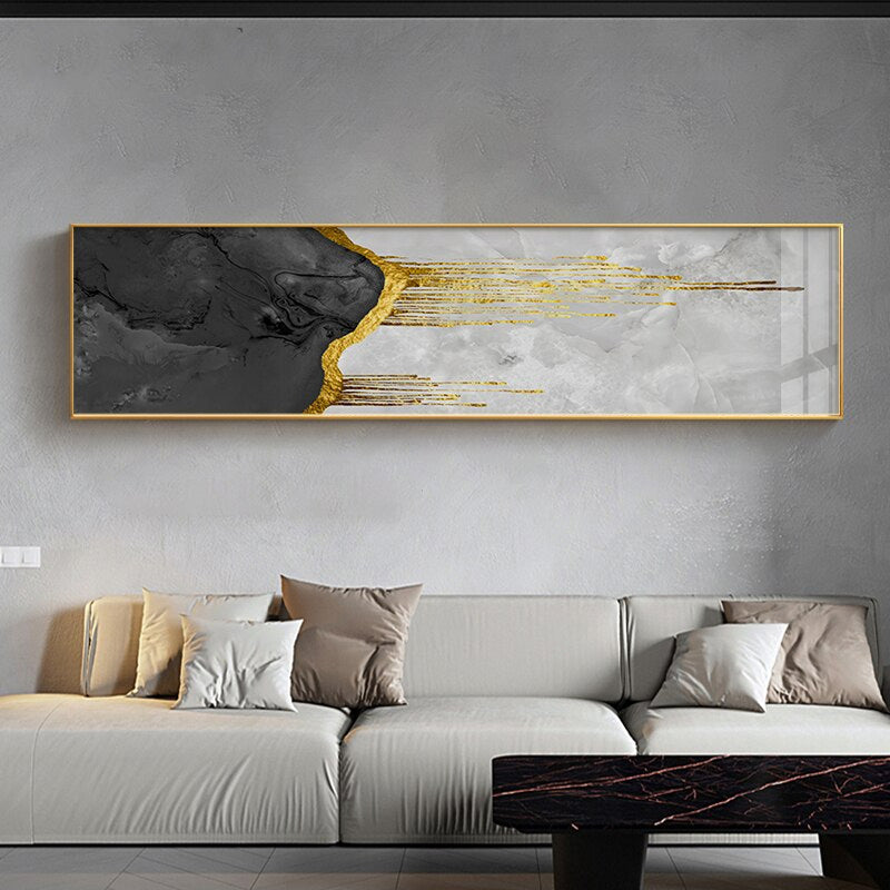 Modern Abstract Liquid Gold Marble Wall Art Fine Art Canvas Print Black Gray Golden Wide Format Pictures For Living Room Bedroom Wall Decor