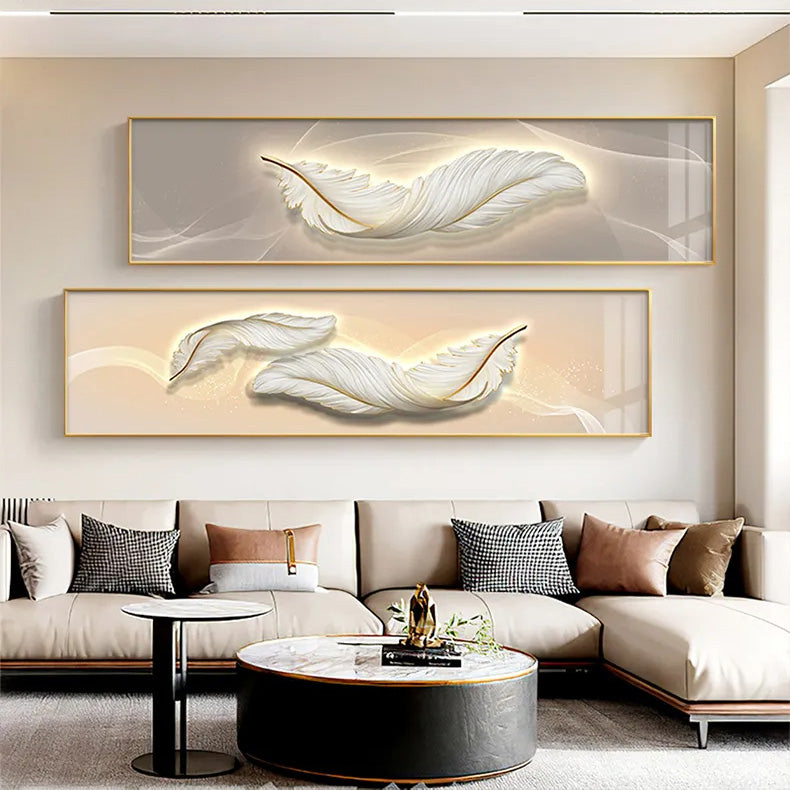 Modern Abstract White Feather Wide Format Wall Art Fine Art Canvas Prints Pictures For Luxury Living Room Bedroom Picture For Above Bed