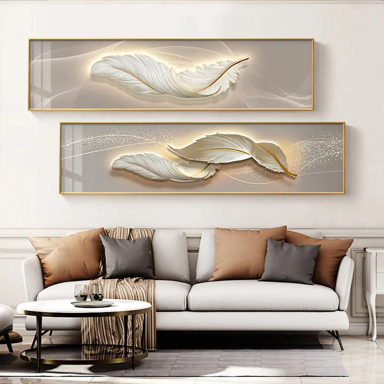 Modern Abstract White Feather Wide Format Wall Art Fine Art Canvas Prints Pictures For Luxury Living Room Bedroom Picture For Above Bed