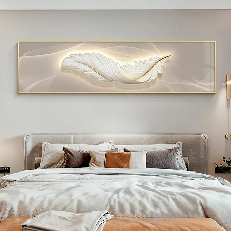 Modern Abstract White Feather Wide Format Wall Art Fine Art Canvas Prints Pictures For Luxury Living Room Bedroom Picture For Above Bed