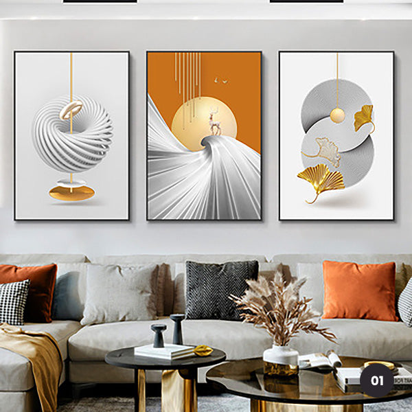 Modern Aesthetics Abstract Triptych Golden Leaf Wall Art Fine Art Canvas Prints Pictures For Living Room Dining Room Home Office Interiors Set of 3