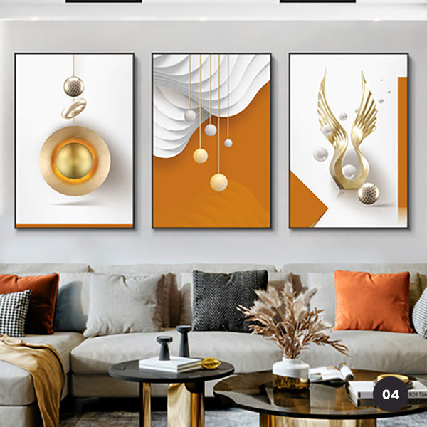 Modern Aesthetics Abstract Triptych Golden Leaf Wall Art Fine Art Canvas Prints Pictures For Living Room Dining Room Home Office Interiors Set of 3