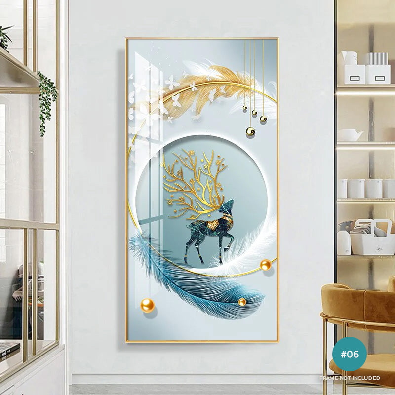 Modern Abstract Auspicious Mystical Deer Landscape Wall Art Fine Art Canvas Prints Golden Ring Feather Pictures For Luxury Living Room Wall Decor