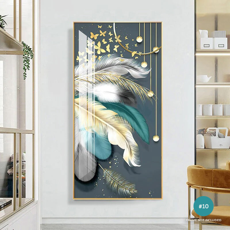 Modern Abstract Auspicious Mystical Deer Landscape Wall Art Fine Art Canvas Prints Golden Ring Feather Pictures For Luxury Living Room Wall Decor