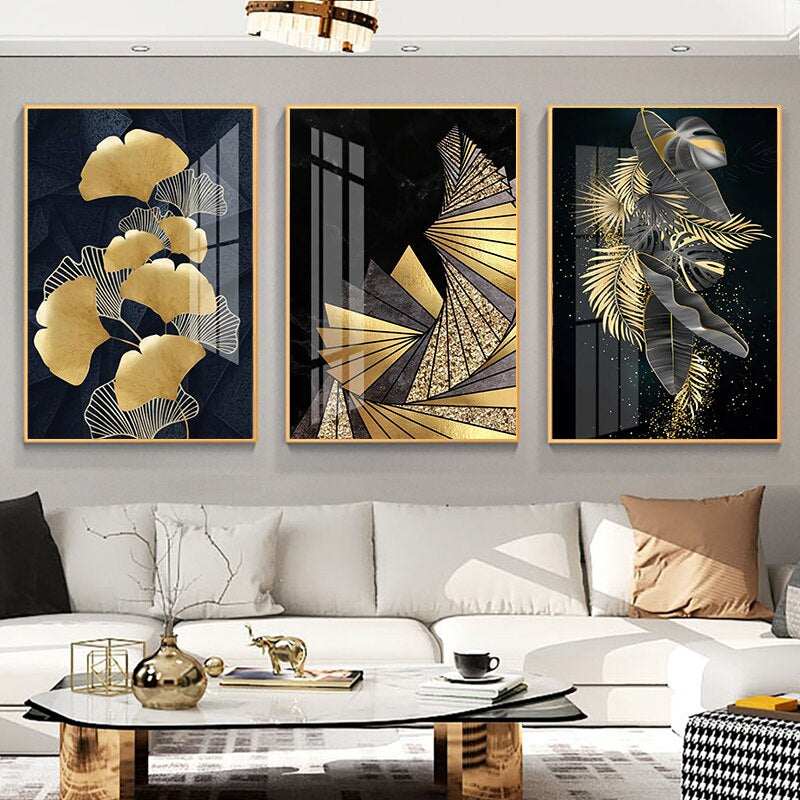 Modern Abstract Black Golden Geometric Botanical Wall Art Fine Art Can – 