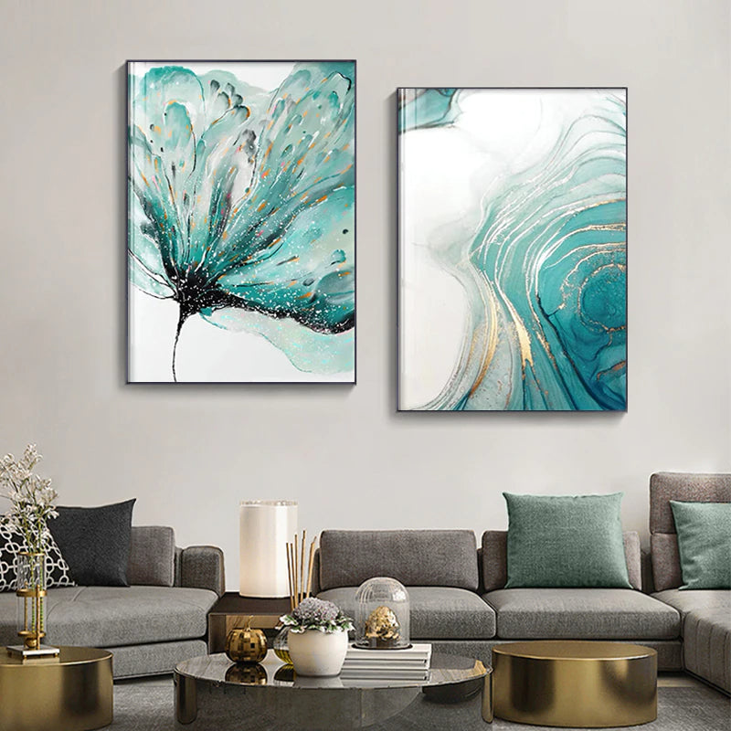 Modern Abstract Botanical Floral Blue Golden Jade Marble Prints Wall A ...