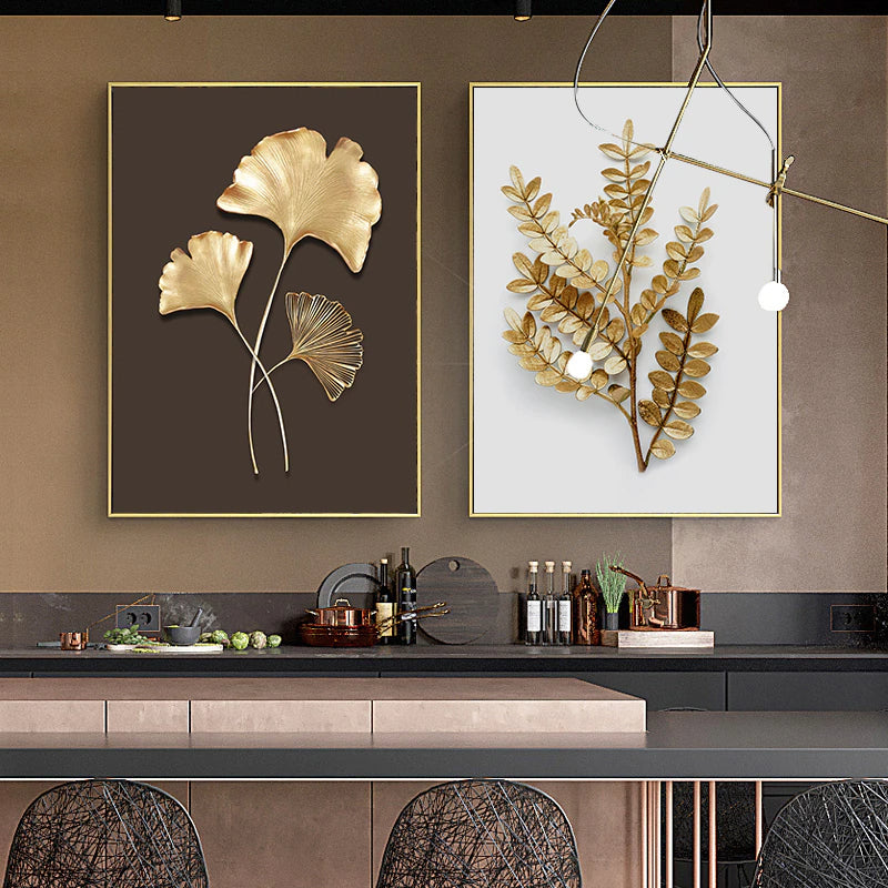 Modern Abstract Exotic Tropical Botanical Wall Art Fine Art Canvas Prints Golden Leaf Minimalist Pictures For Luxury Living Room Dining Room Art Decor