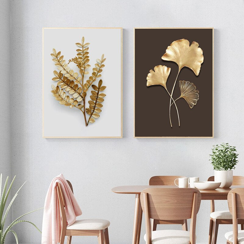 Modern Abstract Exotic Tropical Botanical Wall Art Fine Art Canvas Prints Golden Leaf Minimalist Pictures For Luxury Living Room Dining Room Art Decor