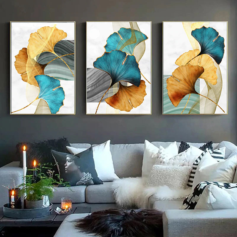Modern Abstract Floral Wall Art Blue Green Yellow Golden Fine Art Canvas Prints Luxury Pictures For Living Room Bedroom Office Hotel Contemporary Interiors