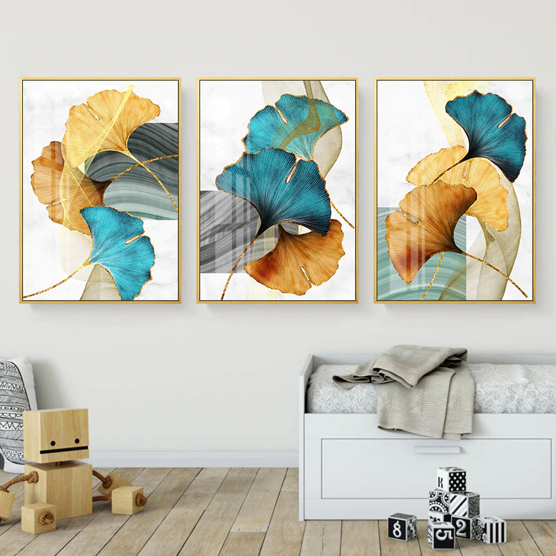 Modern Abstract Floral Wall Art Blue Green Yellow Golden Fine Art Canvas Prints Luxury Pictures For Living Room Bedroom Office Hotel Contemporary Interiors